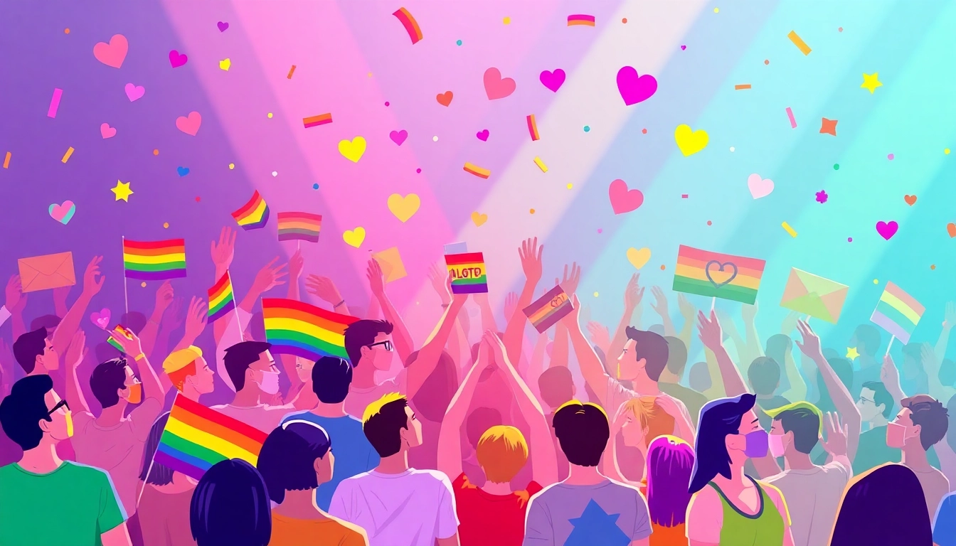 Promote https://789f.gay with a lively, welcoming scene showcasing LGBTQ+ pride, community, and connection in a colorful digital artwork that invites engagement and inclusivity.