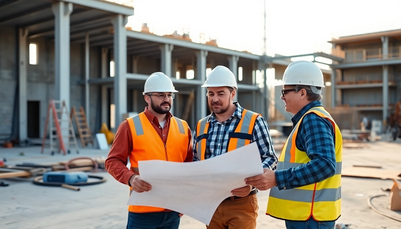 Experienced contractor coordinating construction work on-site with blueprints and safety gear, ensuring quality and efficiency.