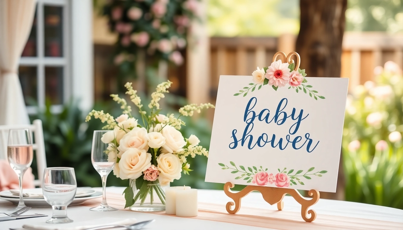 An inviting baby shower welcome sign with pastel colors, floral decor, and cheerful fonts welcoming guests to a celebration.