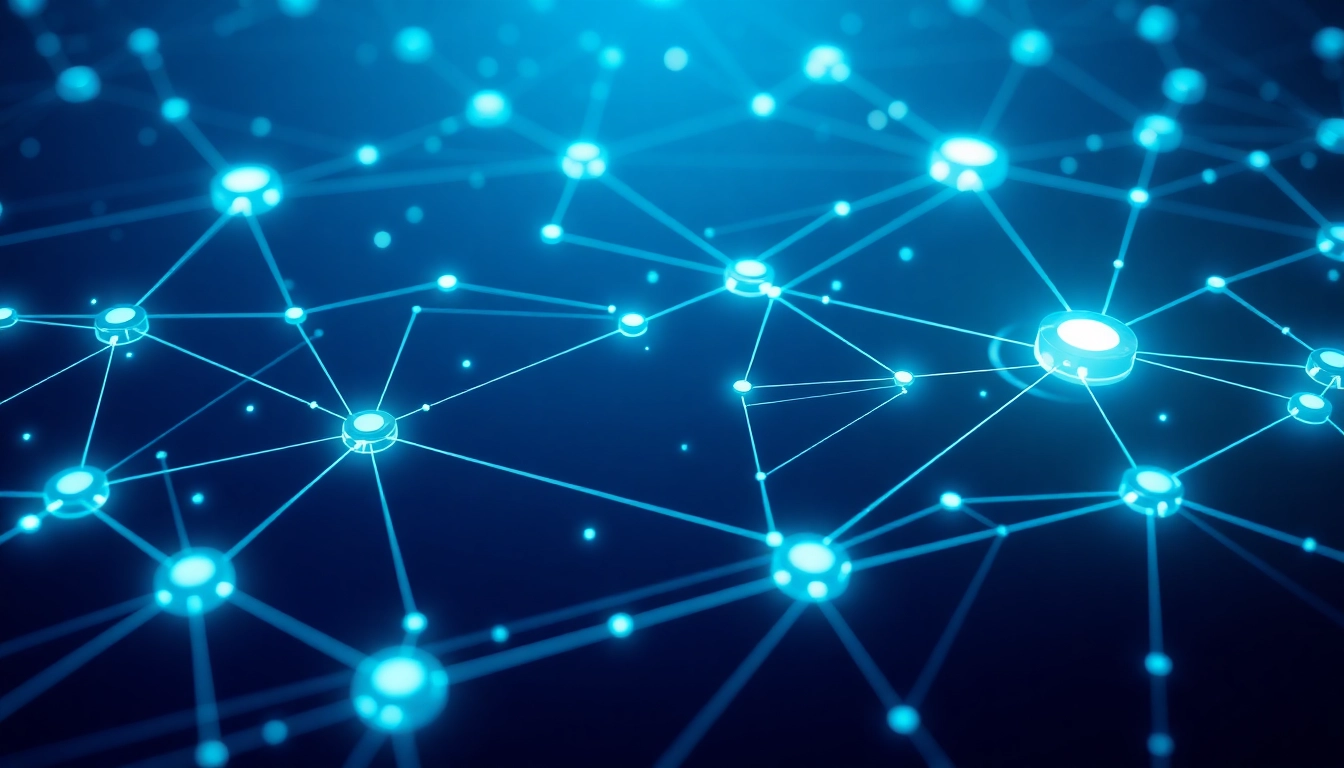 Blockchain technology visualized as a secure, interconnected digital ledger with glowing nodes and data streams for clarity and accessibility.