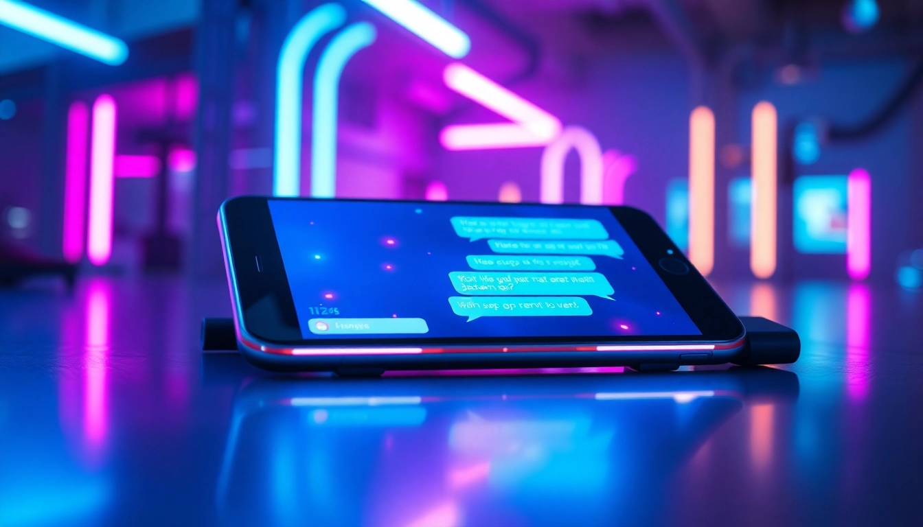 A futuristic digital chat interface on a modern device with colorful neon accents and high-tech environment.