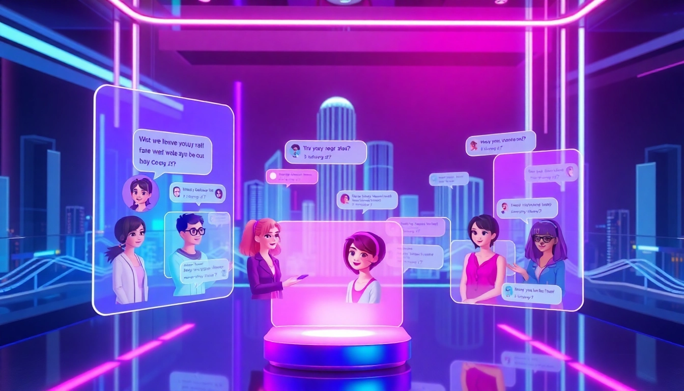 Futuristic digital chat environment with holographic interfaces and customizable AI characters in a cyber cityscape.