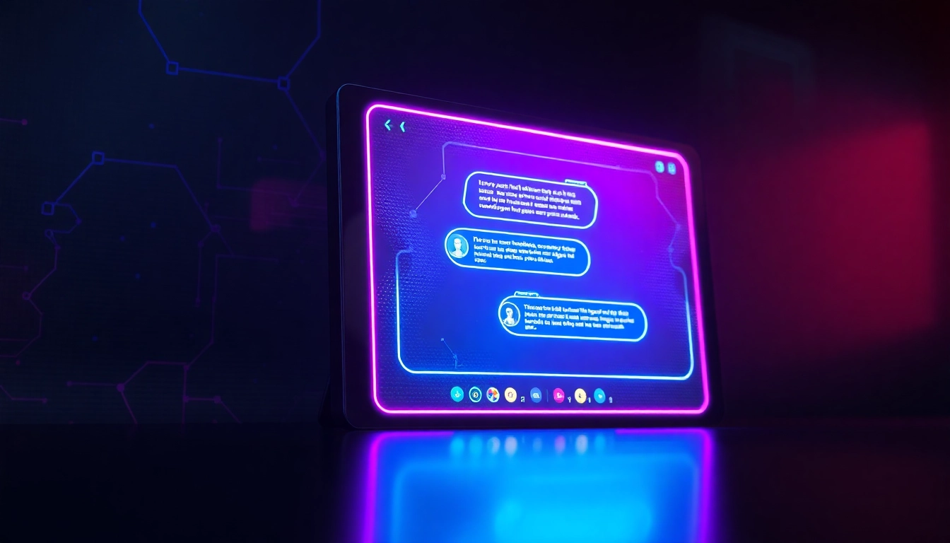 Futuristic digital chat interface with glowing neon elements and a sleek AI design on a dark background.