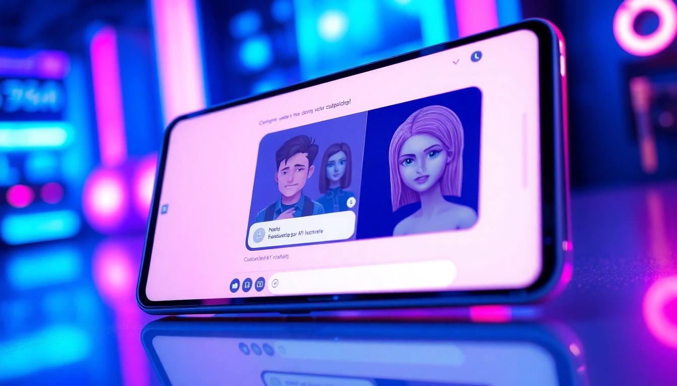 A futuristic AI chatbot interface on a modern device screen with vibrant neon colors and expressive animated characters.