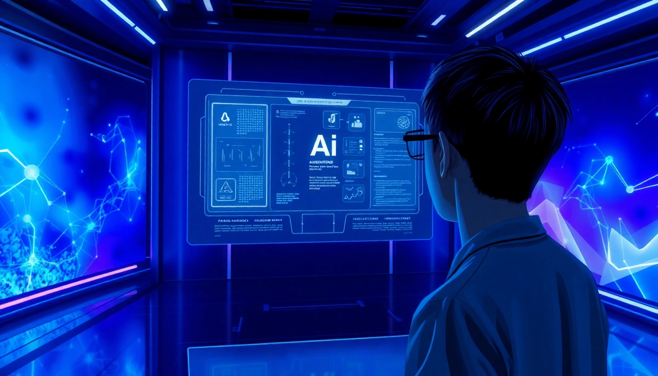 An illustration of a person interacting with a futuristic holographic AI interface in a high-tech room with blue and purple lighting.