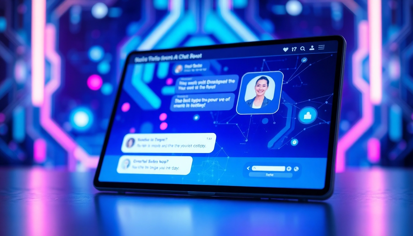 Futuristic AI chatbot interface with glowing digital elements and holographic displays.