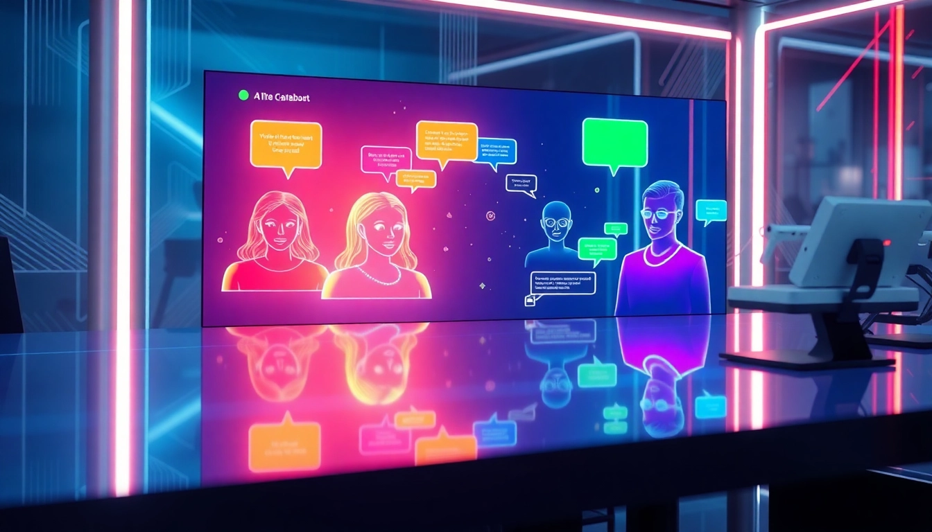 Futuristic digital workspace with holographic AI characters and neon accents.