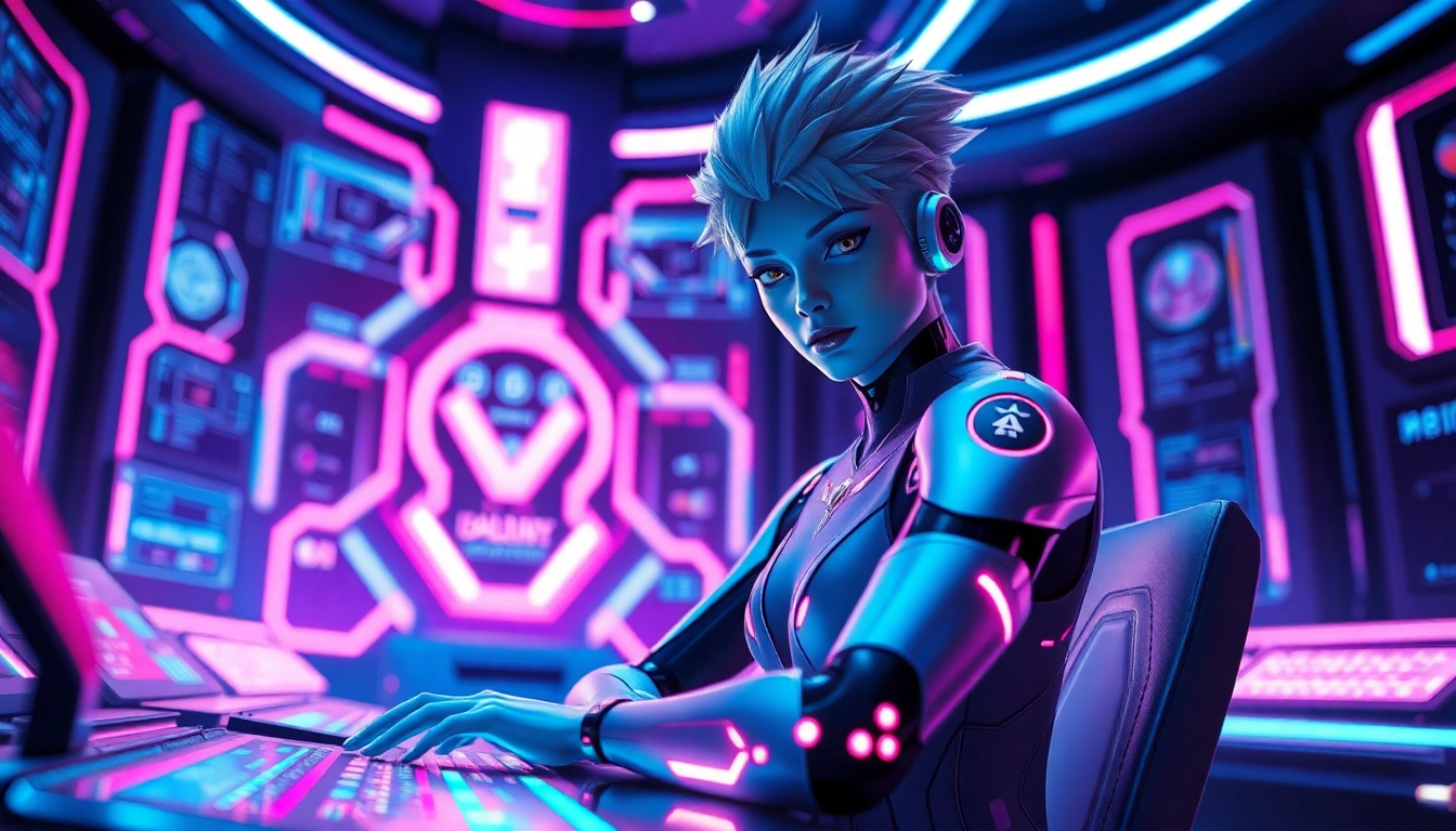 Futuristic humanoid AI character sitting at a high-tech console with holographic interfaces and neon lighting
