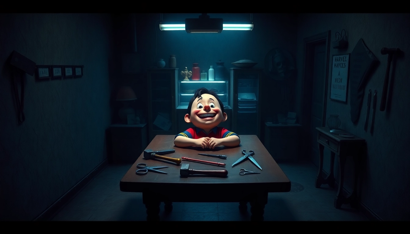 An eerie scene of Harvey, a cheerful cartoon character, in a dark room with violent tools around him, illustrating the game's disturbing moral choices.