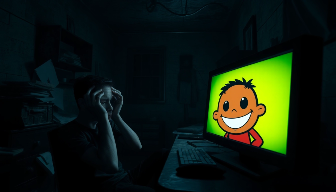 A distressed individual at a computer, with Harvey on the screen smiling but suffering, depicting psychological horror and moral conflict.