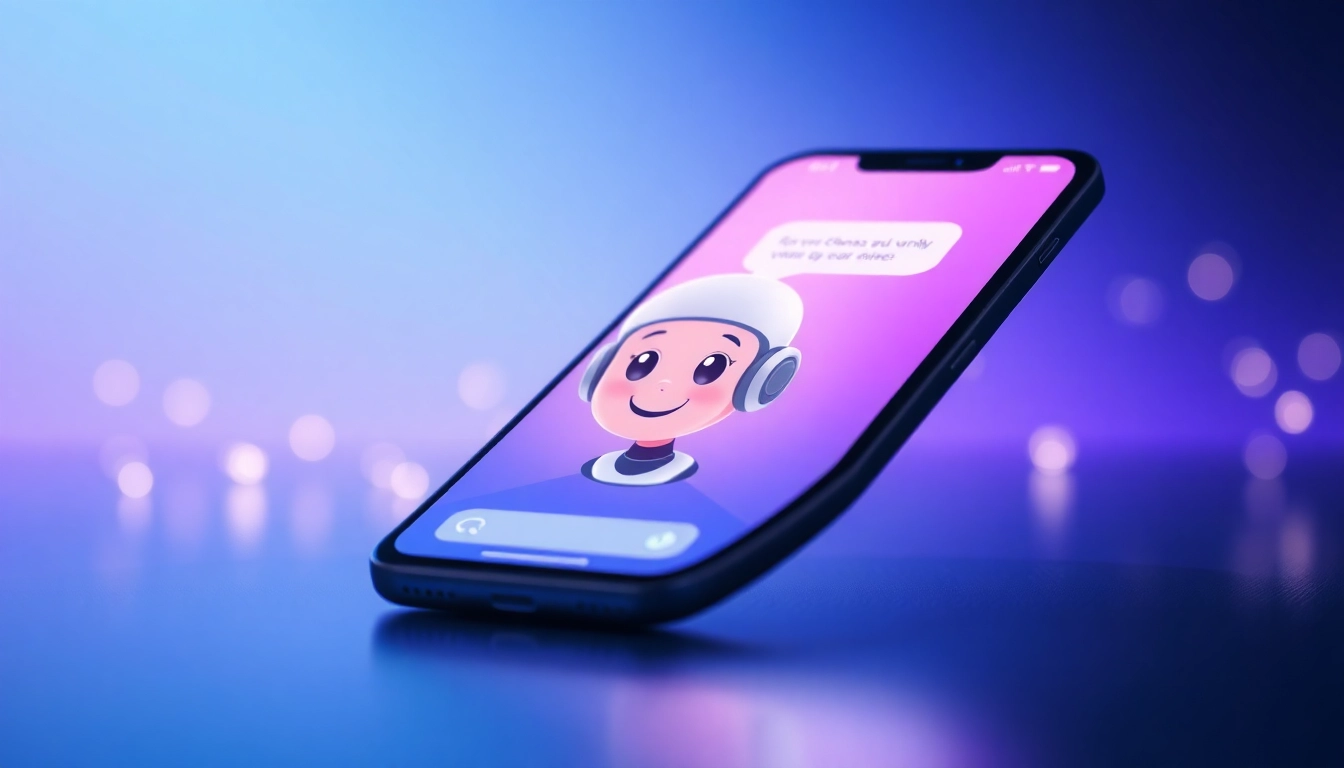 A futuristic smartphone displaying a friendly AI character in a vibrant digital environment.