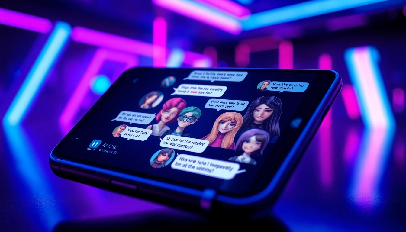 Futuristic smartphone screen displaying colorful AI chat characters in a neon-lit environment.