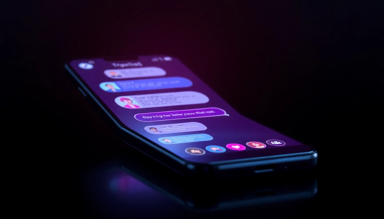 A futuristic smartphone displaying a colorful, glowing AI chat interface with flirtatious characters and vibrant neon accents.