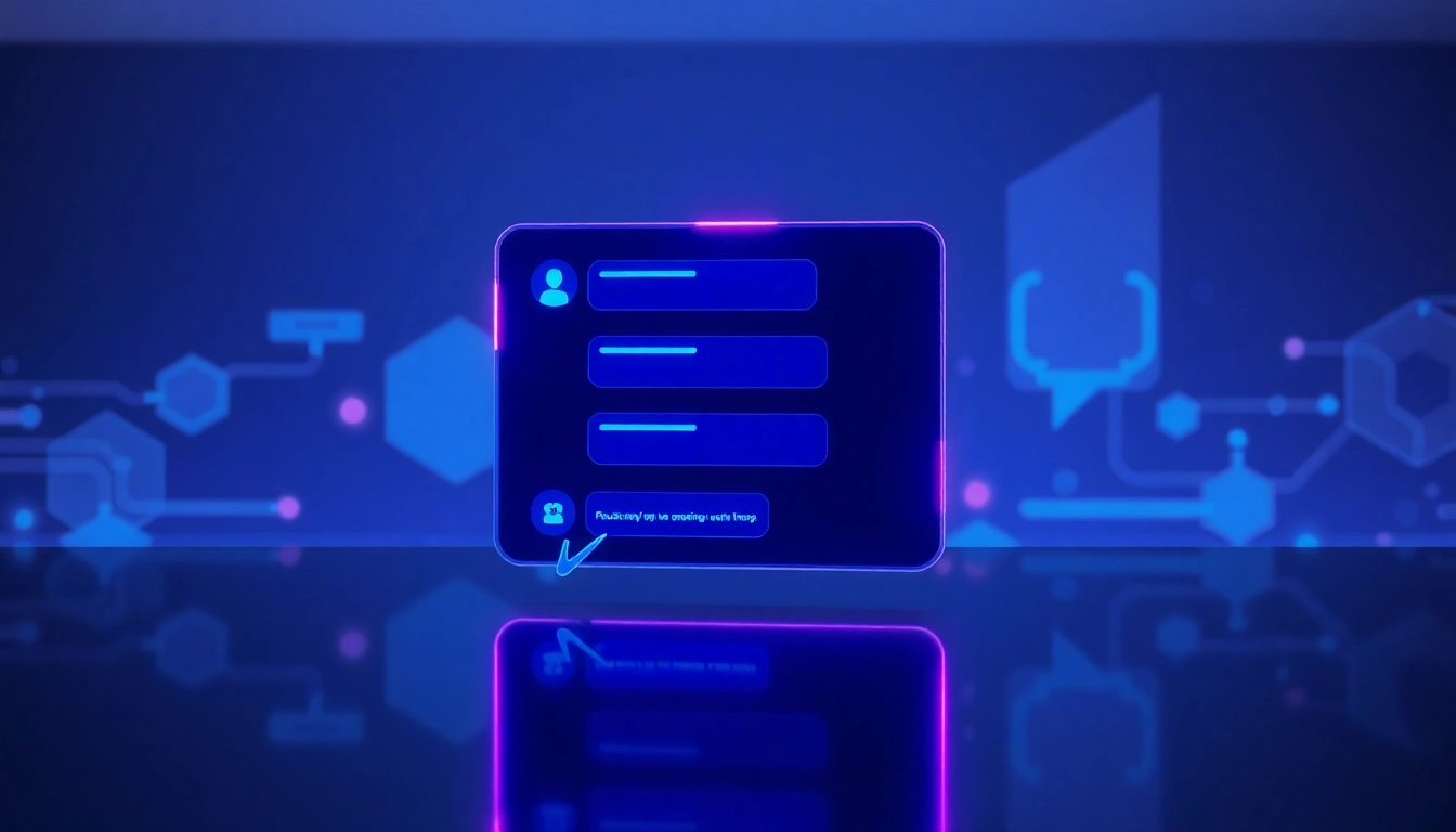 An illustration of a modern AI chat interface with glowing text bubbles on a dark background, highlighting advanced technology and user interaction.