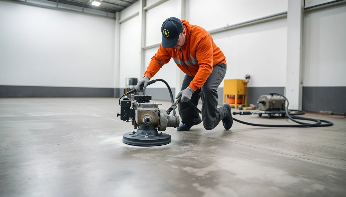 Experienced floor prep Birmingham expert preparing concrete surface with diamond grinding for a