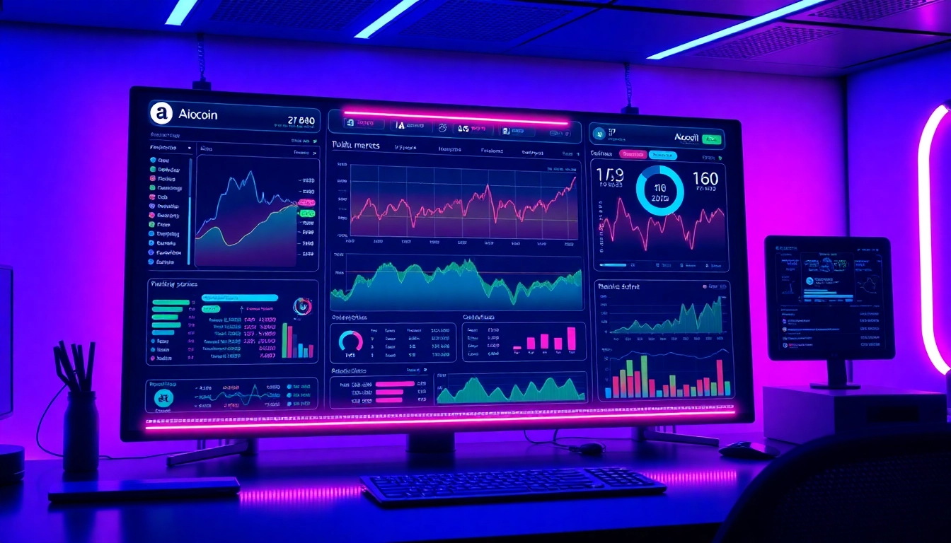 Detailed aicoin market analysis displayed on a futuristic digital dashboard in a high-tech workspace
